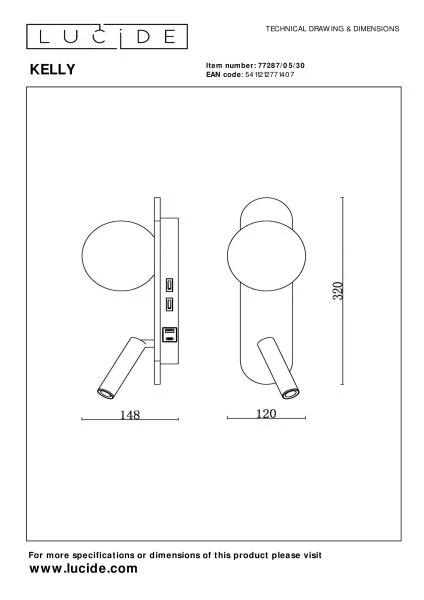Lucide KELLY - Lámpara de cabecera / Lámpara de pared - LED - 1x3,5W 3000K - Negro - técnico